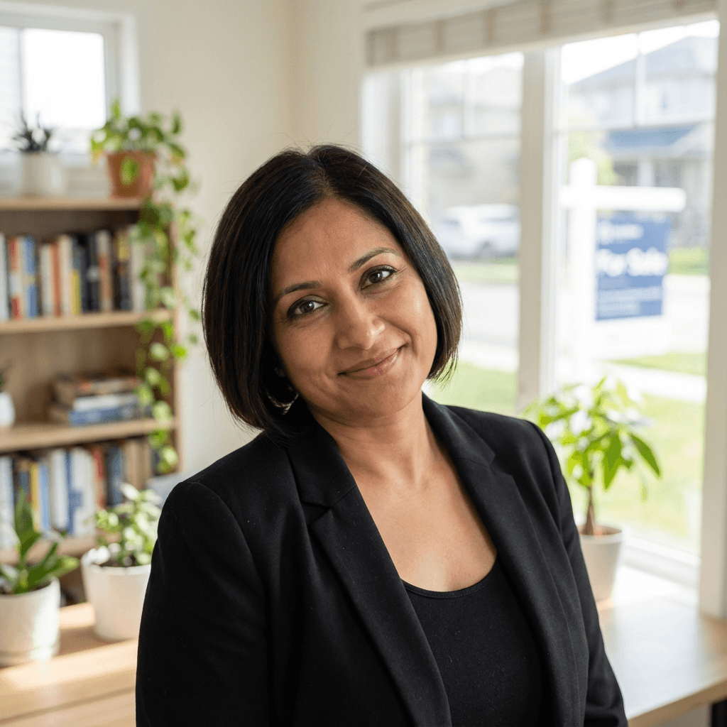 Priya Sharma, smiling Toronto customer in casual attire