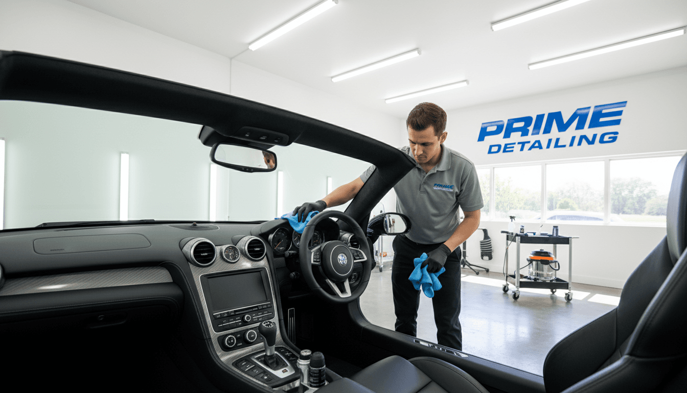 Professional detailer cleaning a car interior with a microfiber cloth in a bright garage