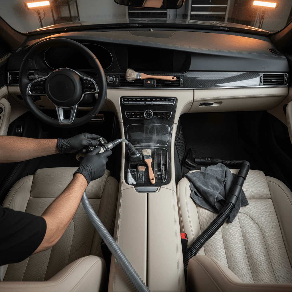 Detailer wiping down a car dashboard during an interior cleaning