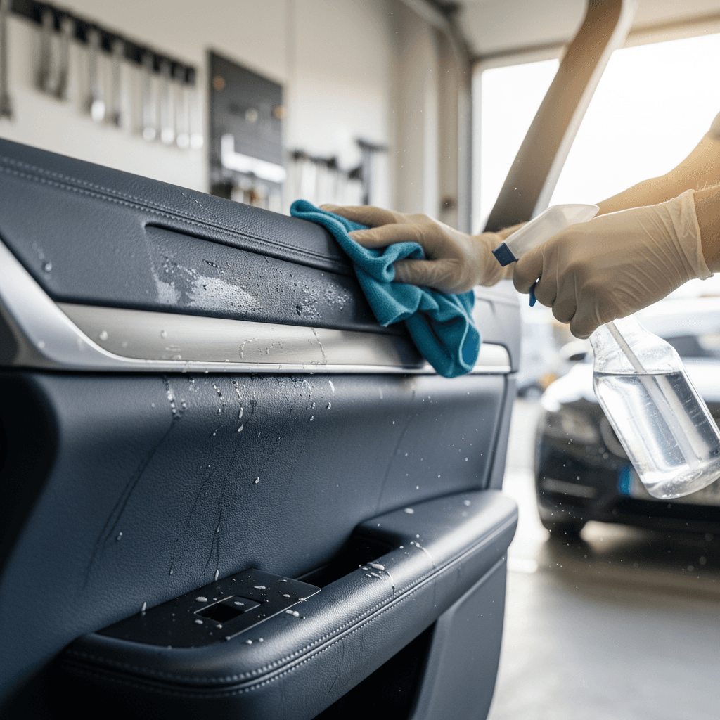 Professional car detailer wiping down a vehicle interior